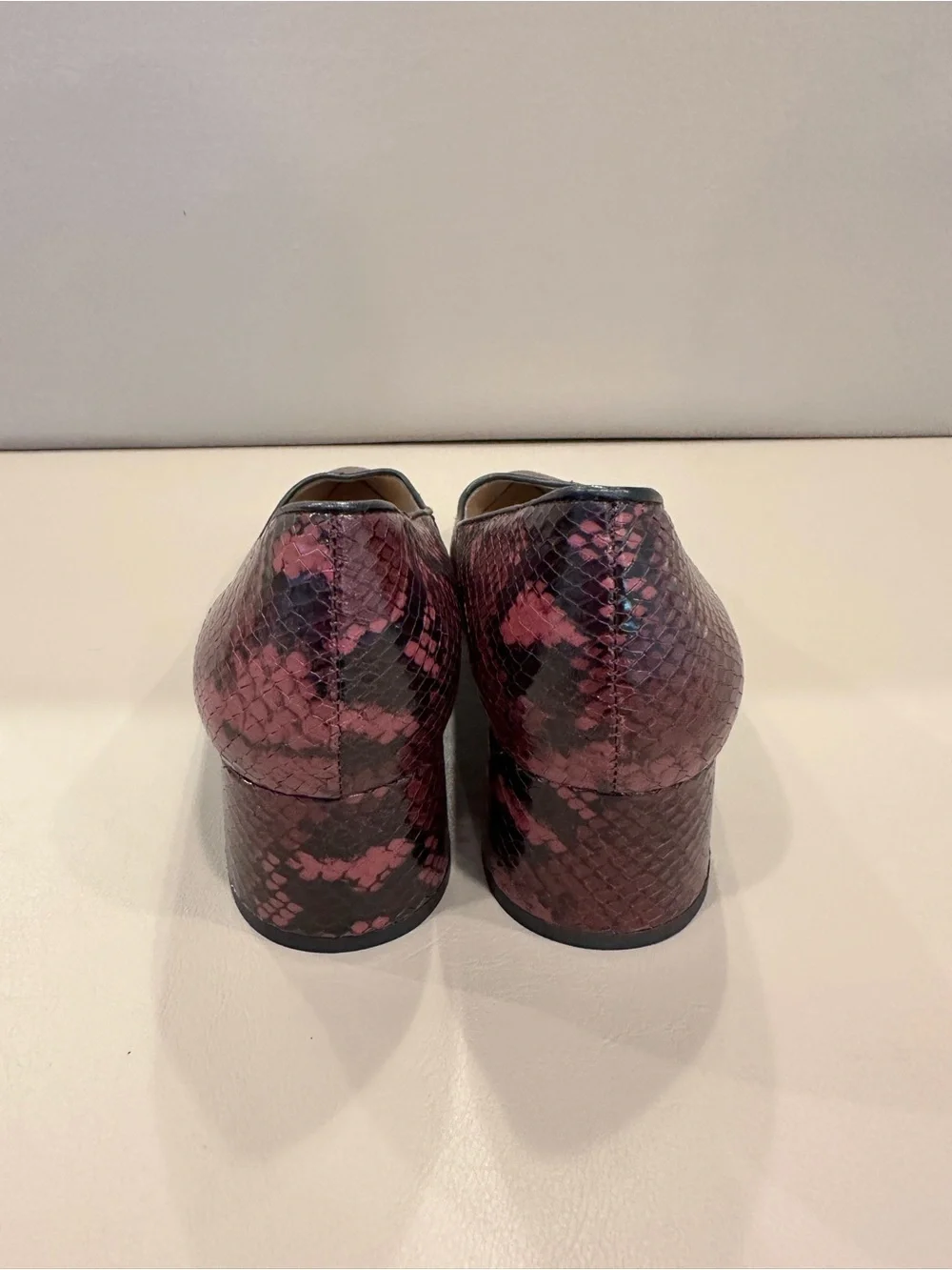 Franco Sarto Pointed Mid-Heel Pumps in Burgundy Snake Print